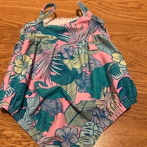 Carter's Pink and Teal Tropical Baby Romper Swimsuit Bathing Suit 9-12 months